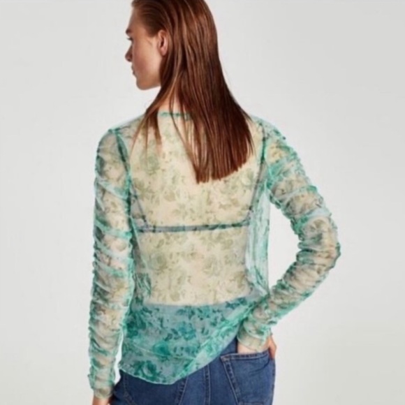 Zara Sheer Floral Ruched Sleeve Tulle Top - Picture 7 of 8